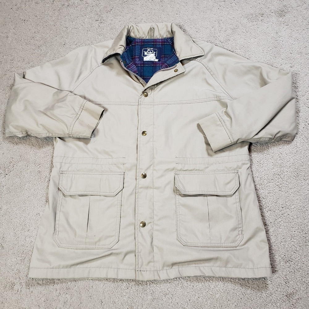 Vintage Woolrich Chore Jacket Womens Large Tan Lined Full Zip‎ Outdoor Coat USA